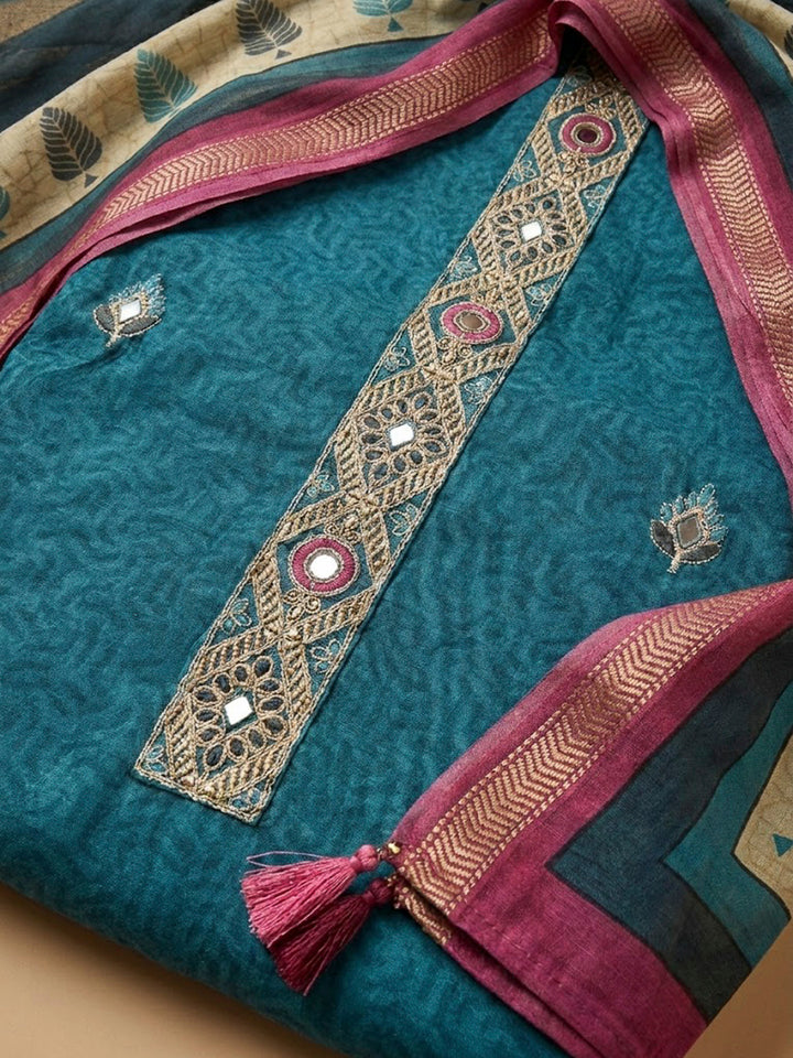 Blue Yoke Embroidery Chanderi Unstitched Dress Material