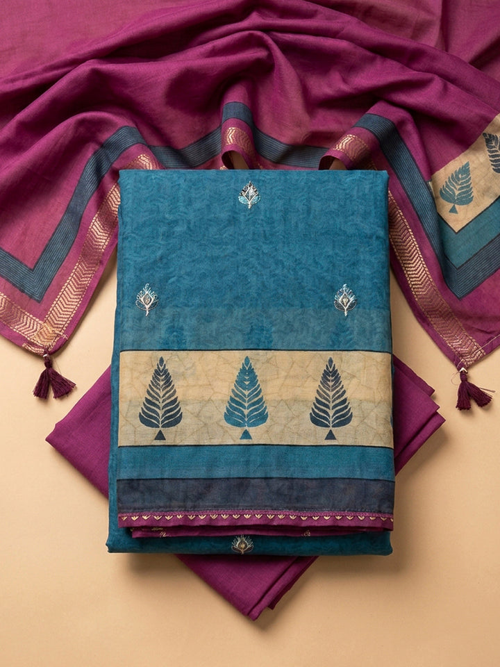 Blue Yoke Embroidery Chanderi Unstitched Dress Material