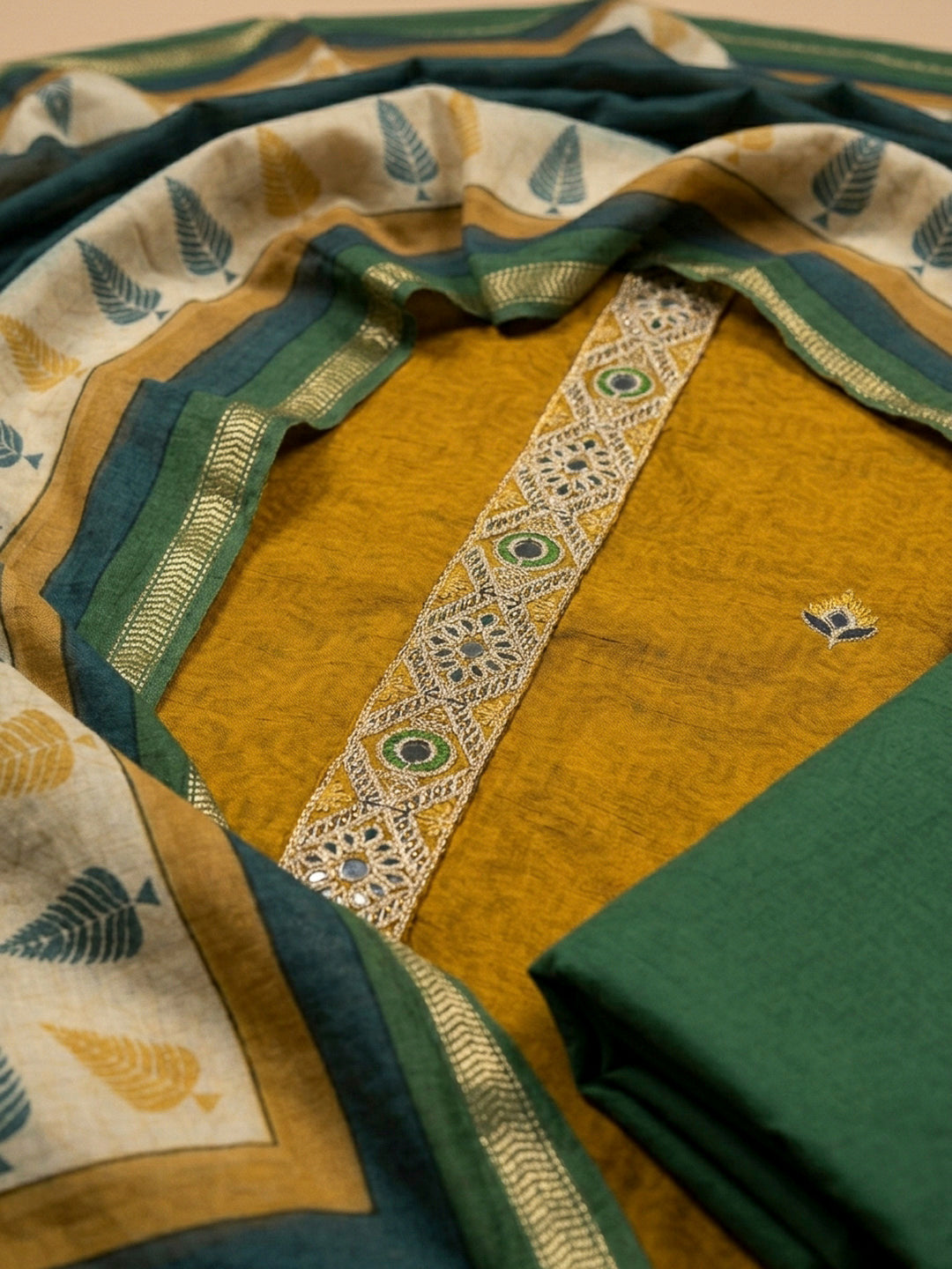 Mustard Yoke Embroidery Chanderi Unstitched Dress Material