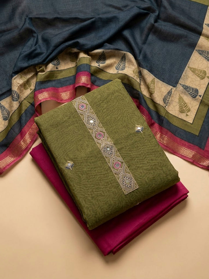 Olive Green Yoke Embroidery Chanderi Unstitched Dress Material