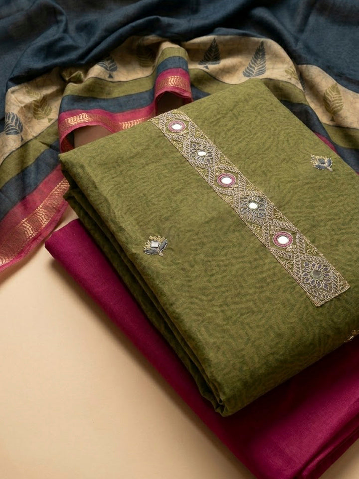 Olive Green Yoke Embroidery Chanderi Unstitched Dress Material