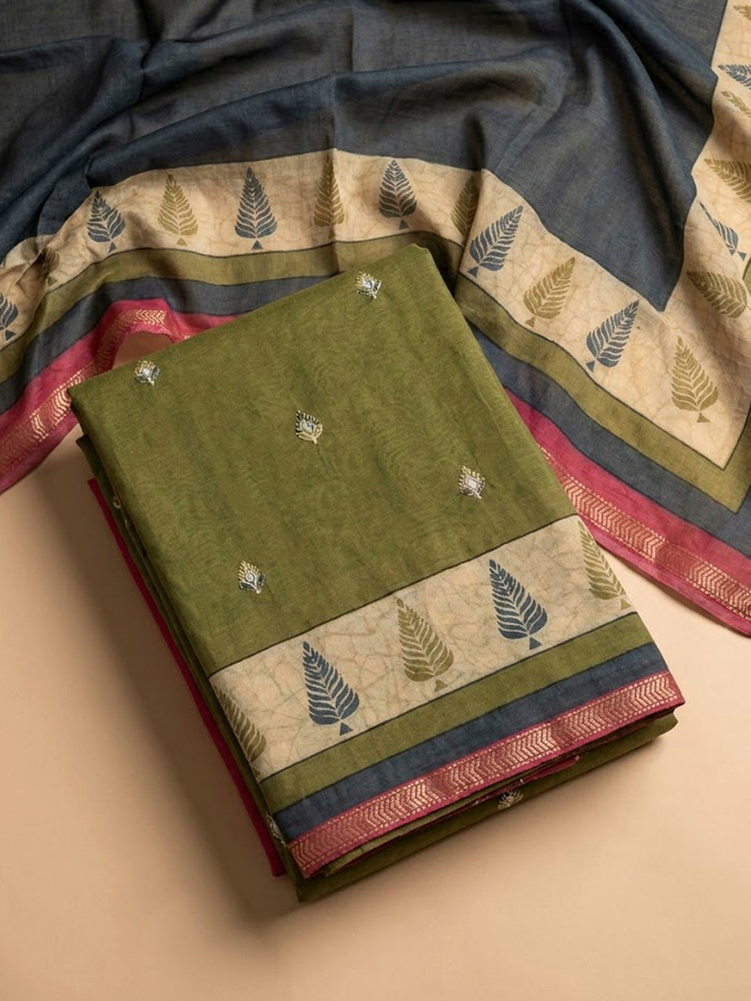 Olive Green Yoke Embroidery Chanderi Unstitched Dress Material