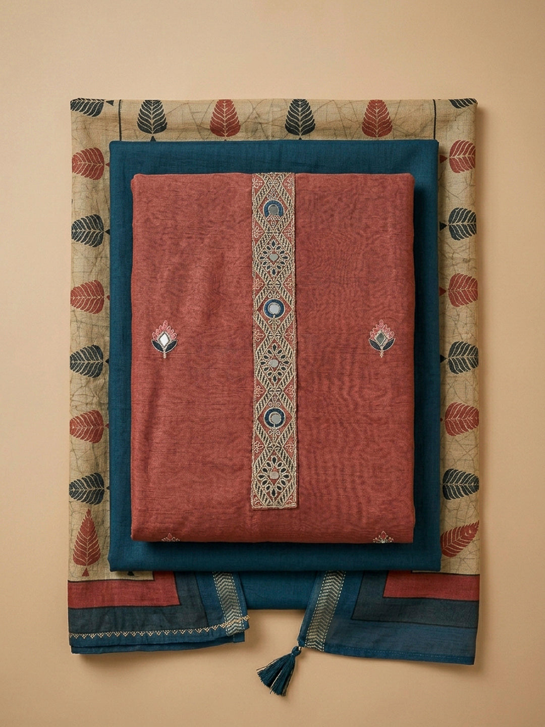 Rust Yoke Embroidery Chanderi Unstitched Dress Material