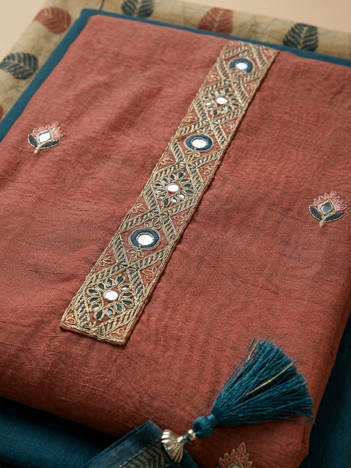 Rust Yoke Embroidery Chanderi Unstitched Dress Material