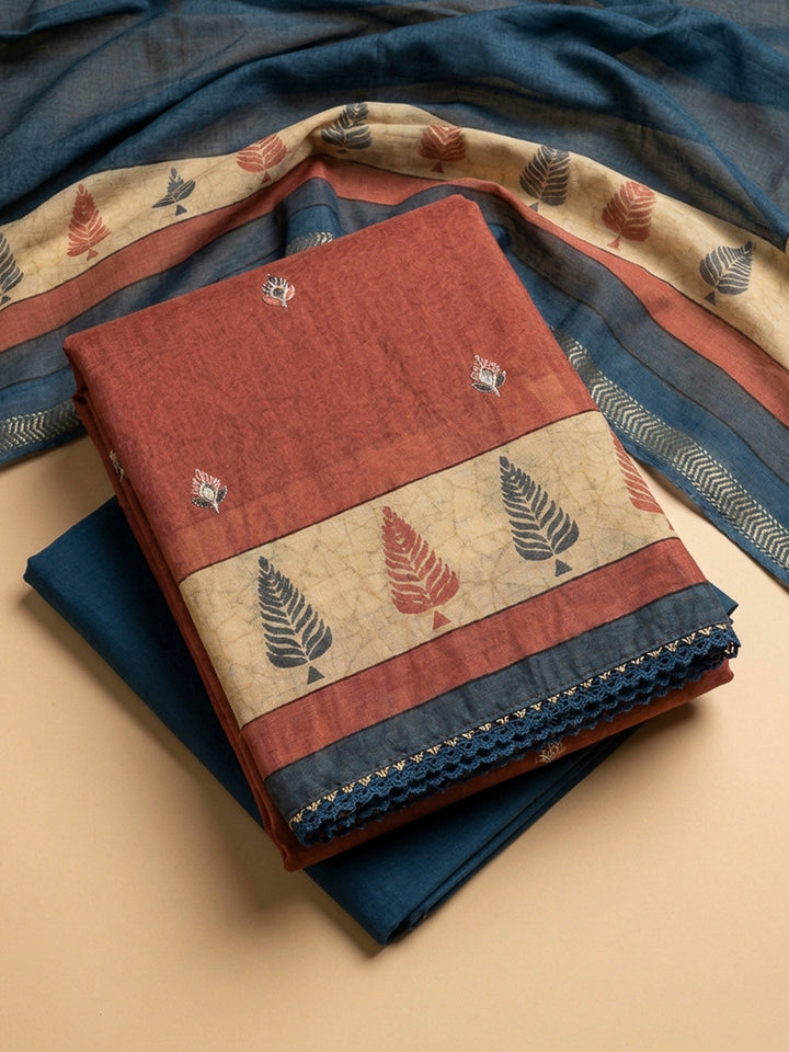 Rust Yoke Embroidery Chanderi Unstitched Dress Material