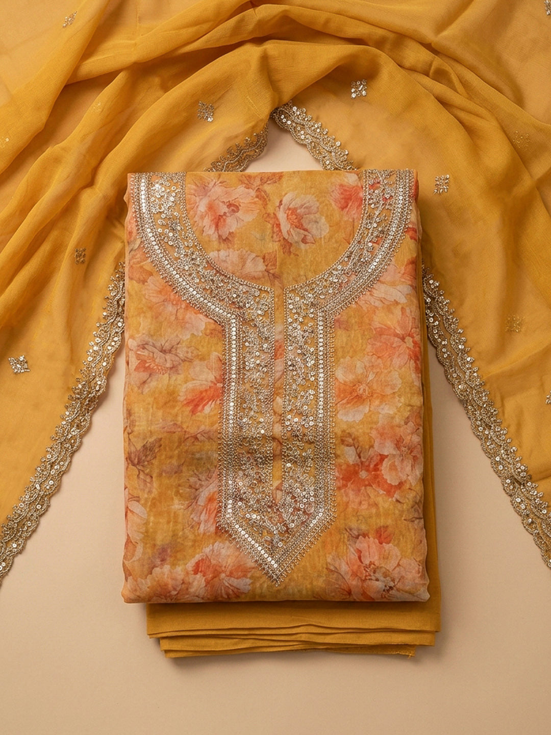 Mustard Embroidery Organza Unstitched Dress Material