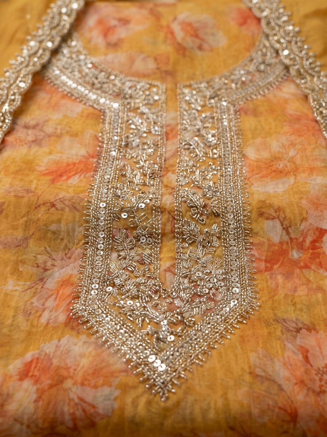 Mustard Embroidery Organza Unstitched Dress Material