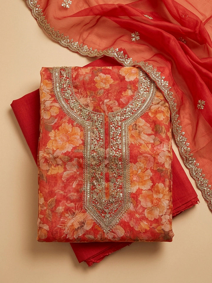 Orange Embroidery Organza Unstitched Dress Material