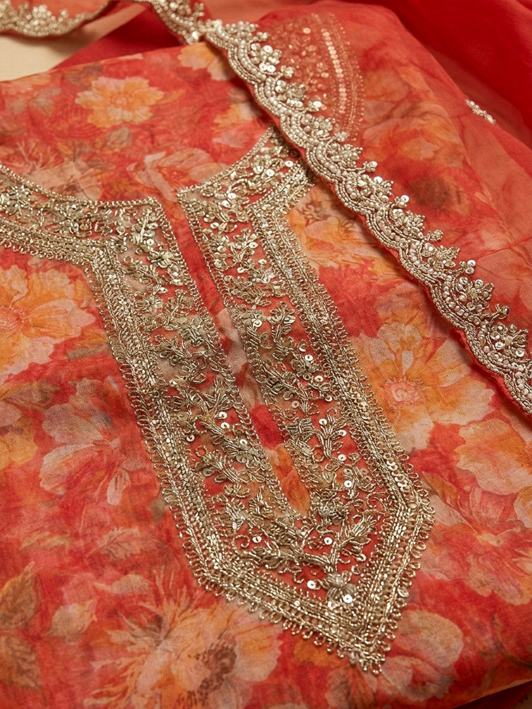 Orange Embroidery Organza Unstitched Dress Material