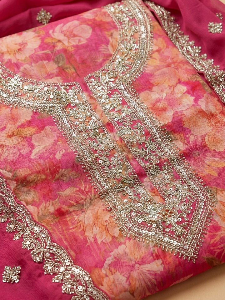 Pink Embroidery Organza Unstitched Dress Material