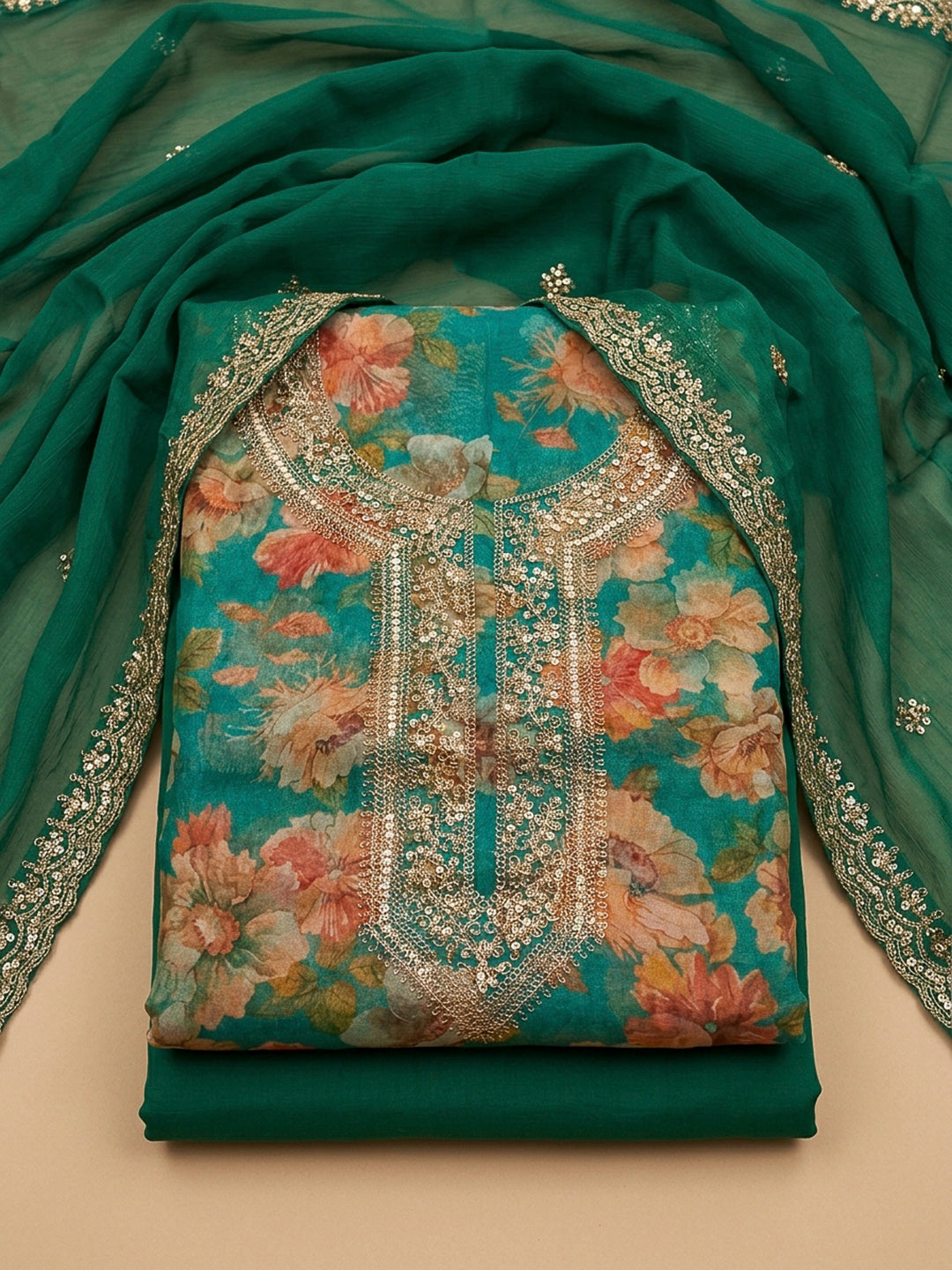 Sea Green Embroidery Organza Unstitched Dress Material