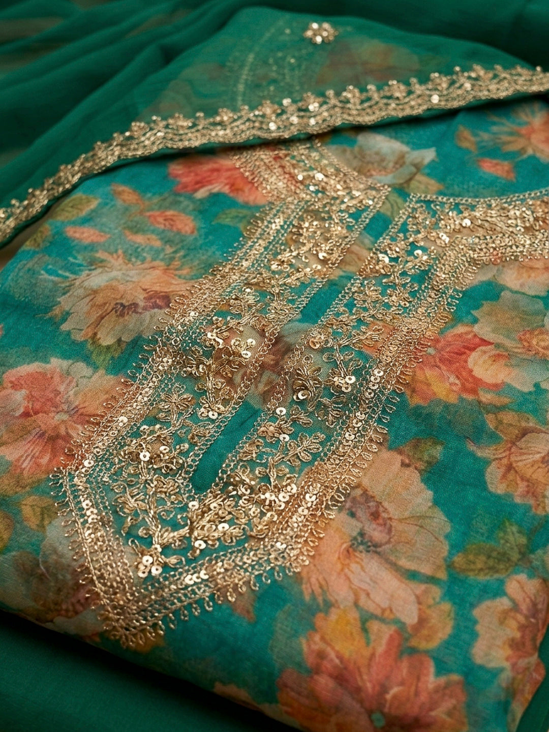 Sea Green Embroidery Organza Unstitched Dress Material