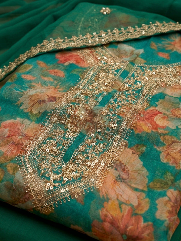 Sea Green Embroidery Organza Unstitched Dress Material