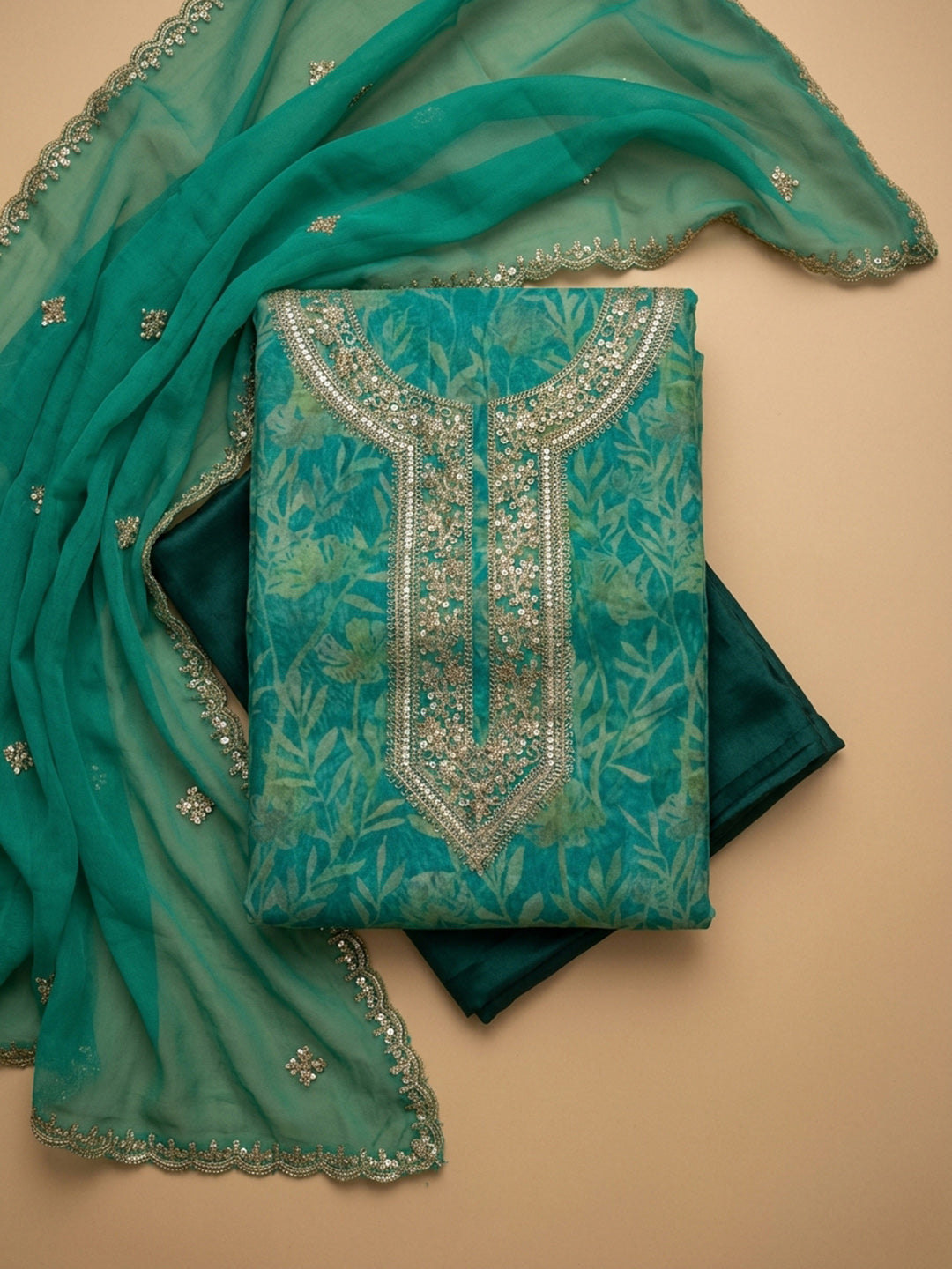 Green Embroidery Organza Unstitched Dress Material