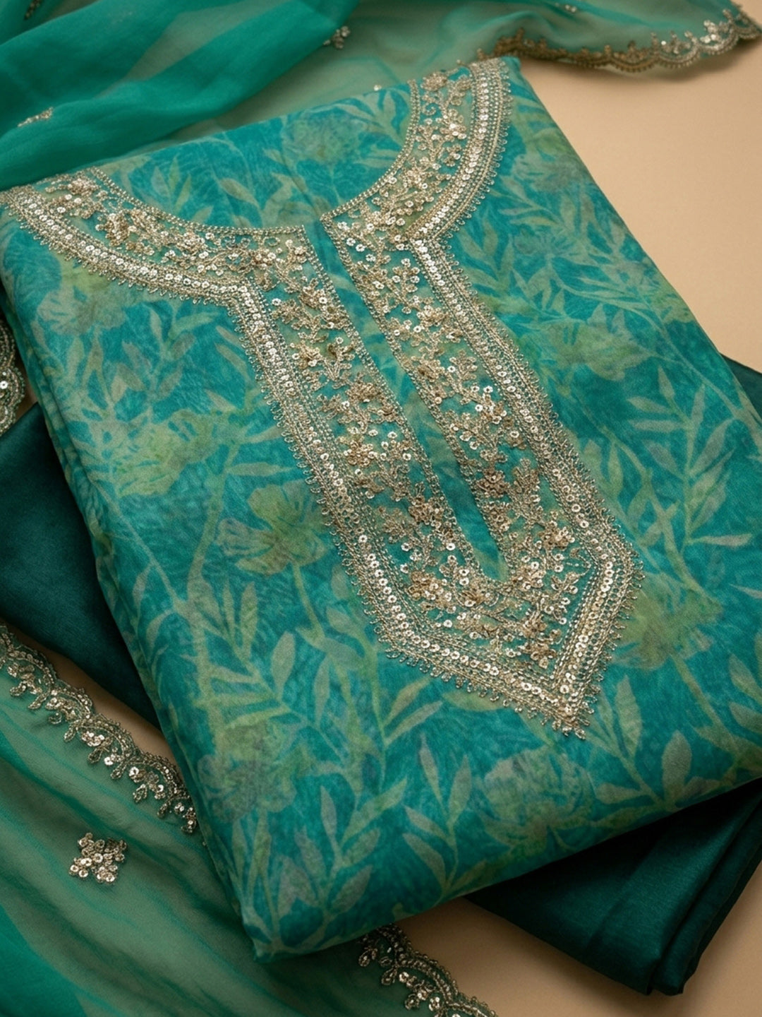 Green Embroidery Organza Unstitched Dress Material