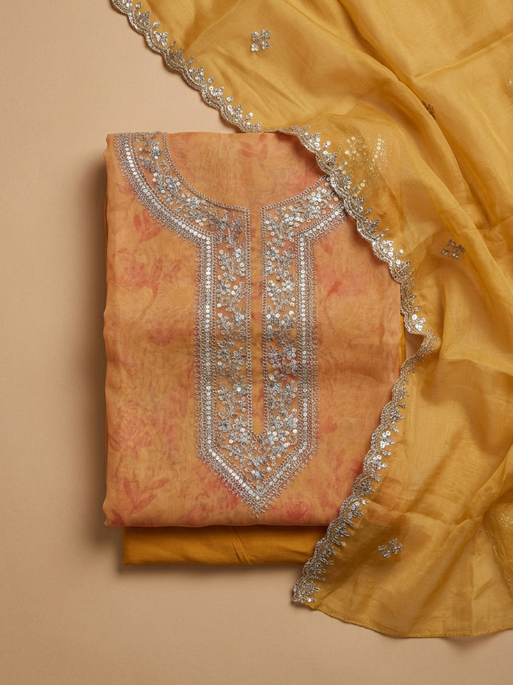 Mustard Embroidery Organza Unstitched Dress Material