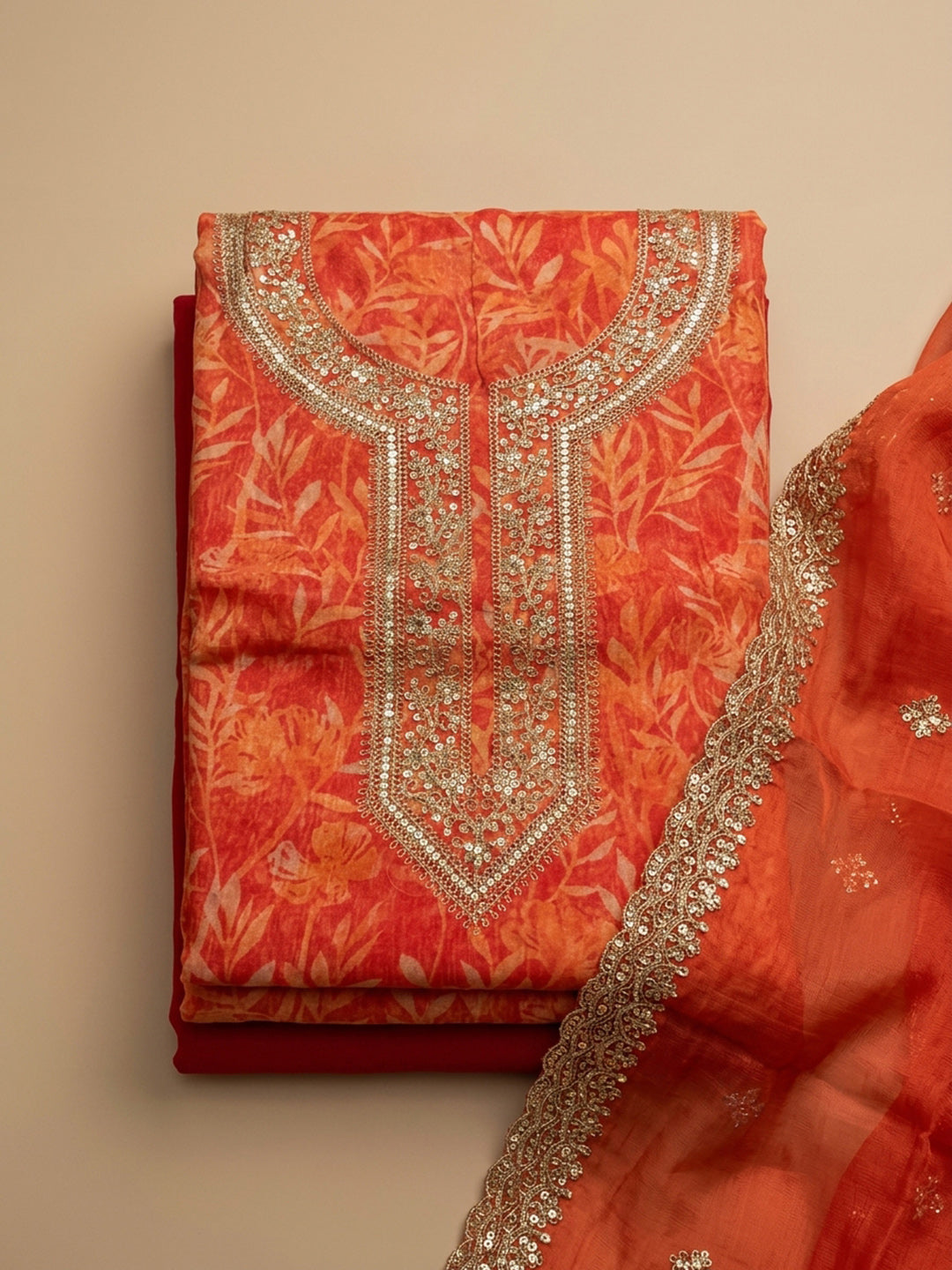 Orange Embroidery Organza Unstitched Dress Material