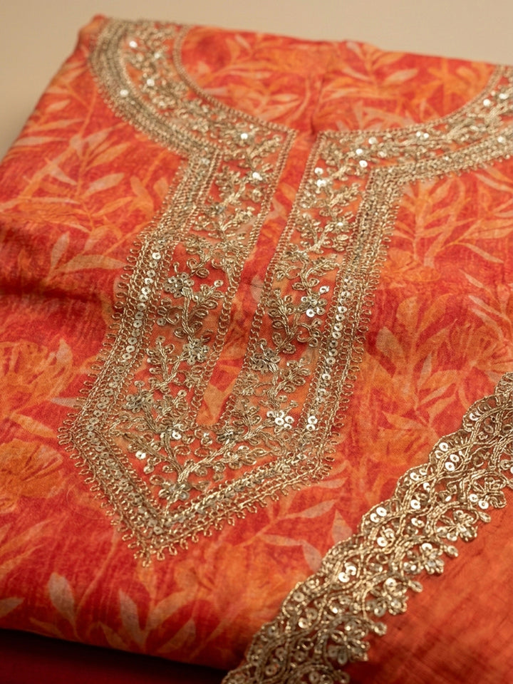Orange Embroidery Organza Unstitched Dress Material