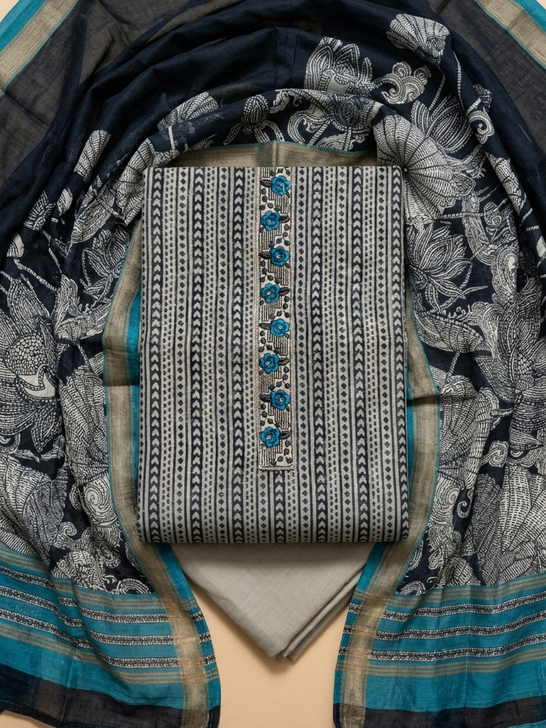 Grey-Firozee Printed Chanderi Unstitched Dress Material
