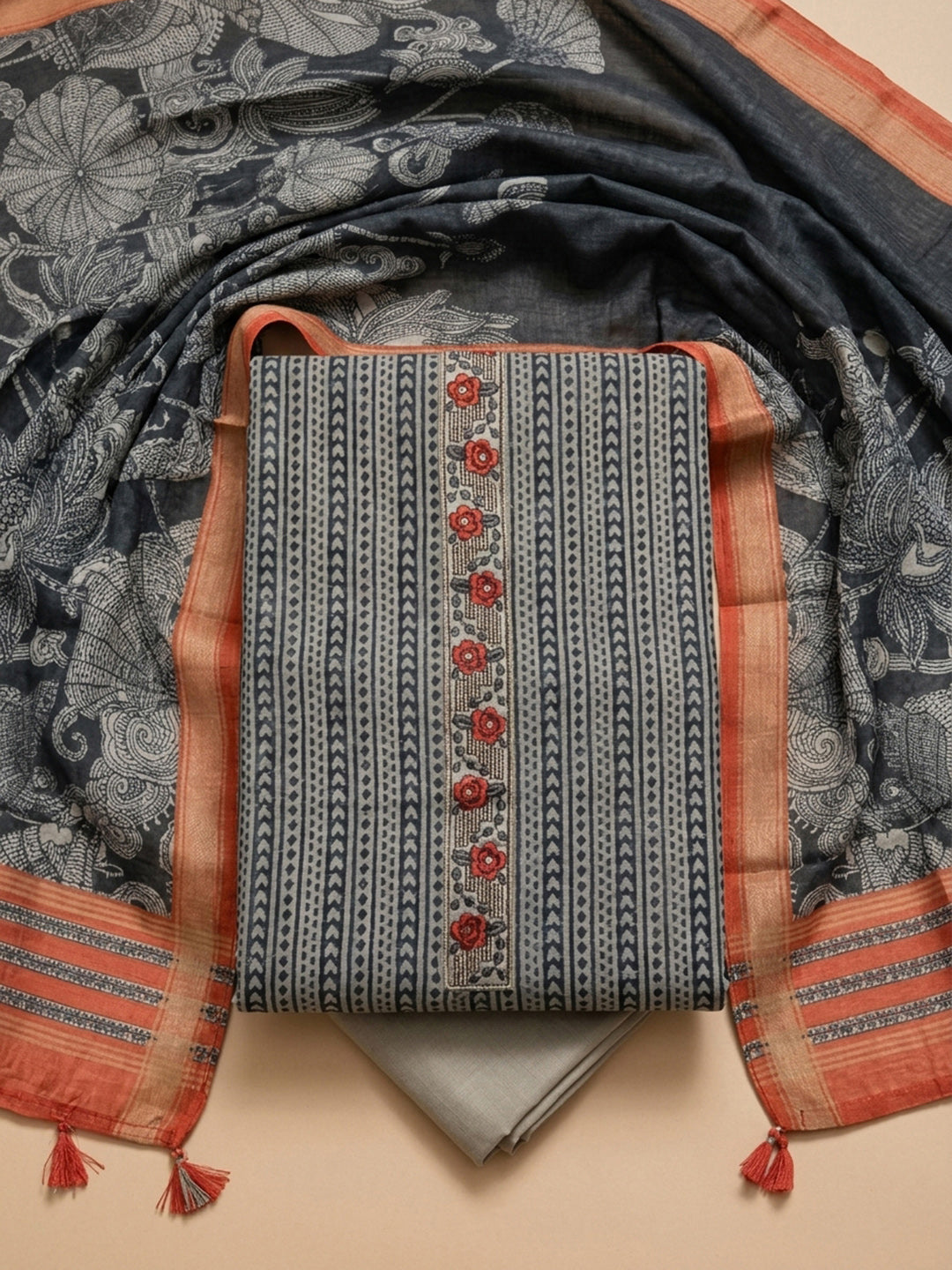 Grey-Orange Printed Chanderi Unstitched Dress Material