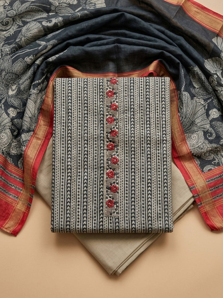 Grey-Red Printed Chanderi Unstitched Dress Material
