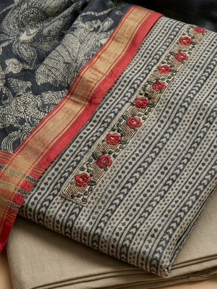 Grey-Red Printed Chanderi Unstitched Dress Material
