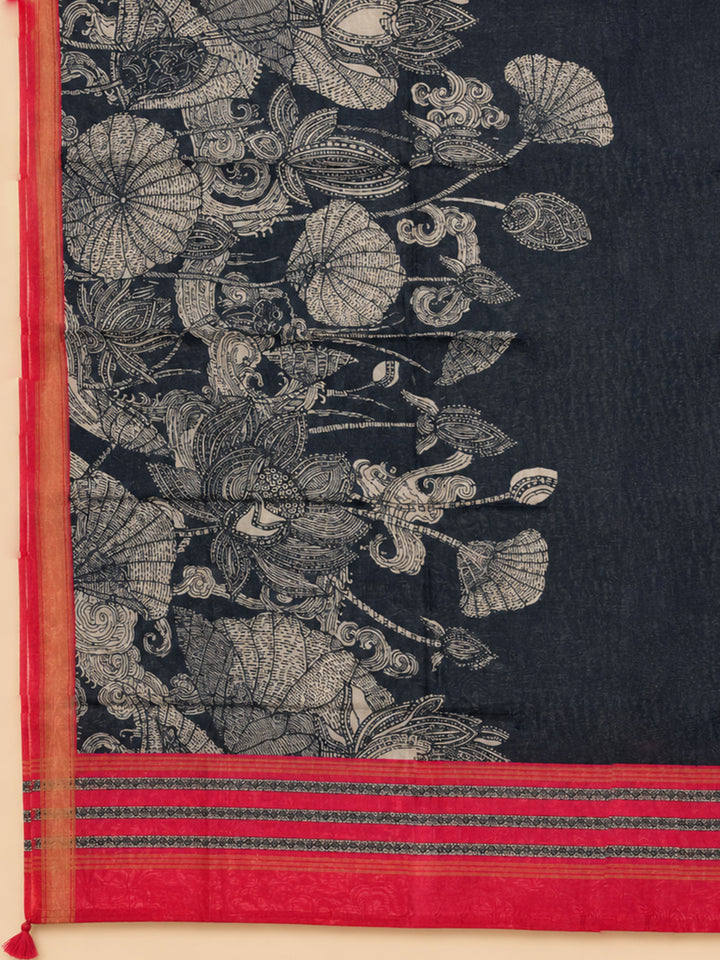 Grey-Red Printed Chanderi Unstitched Dress Material