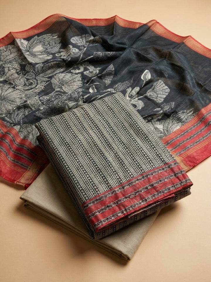 Grey-Red Printed Chanderi Unstitched Dress Material