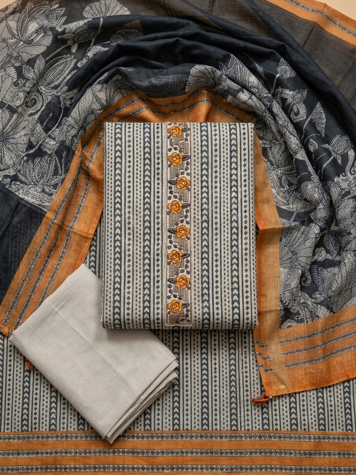Grey-Rust Printed Chanderi Unstitched Dress Material