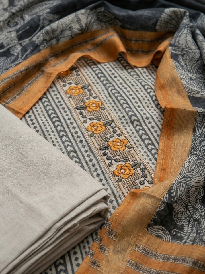 Grey-Rust Printed Chanderi Unstitched Dress Material