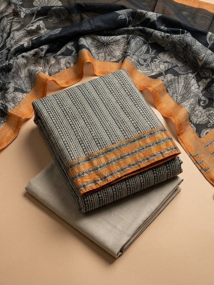 Grey-Rust Printed Chanderi Unstitched Dress Material