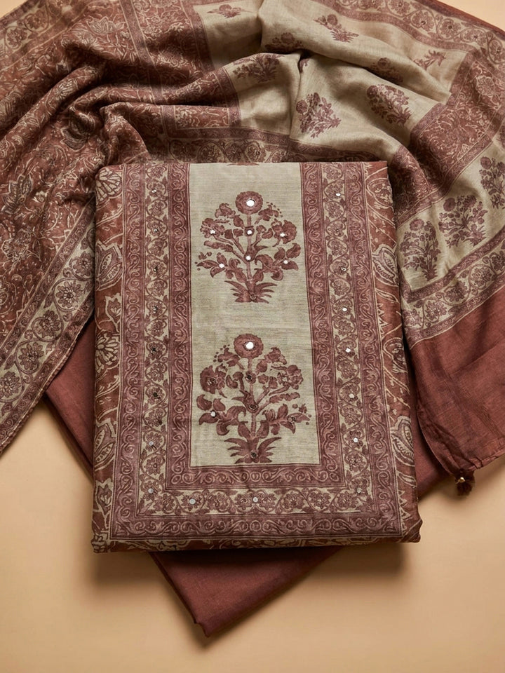 Brown Printed Linen Blend Unstitched Dress Material