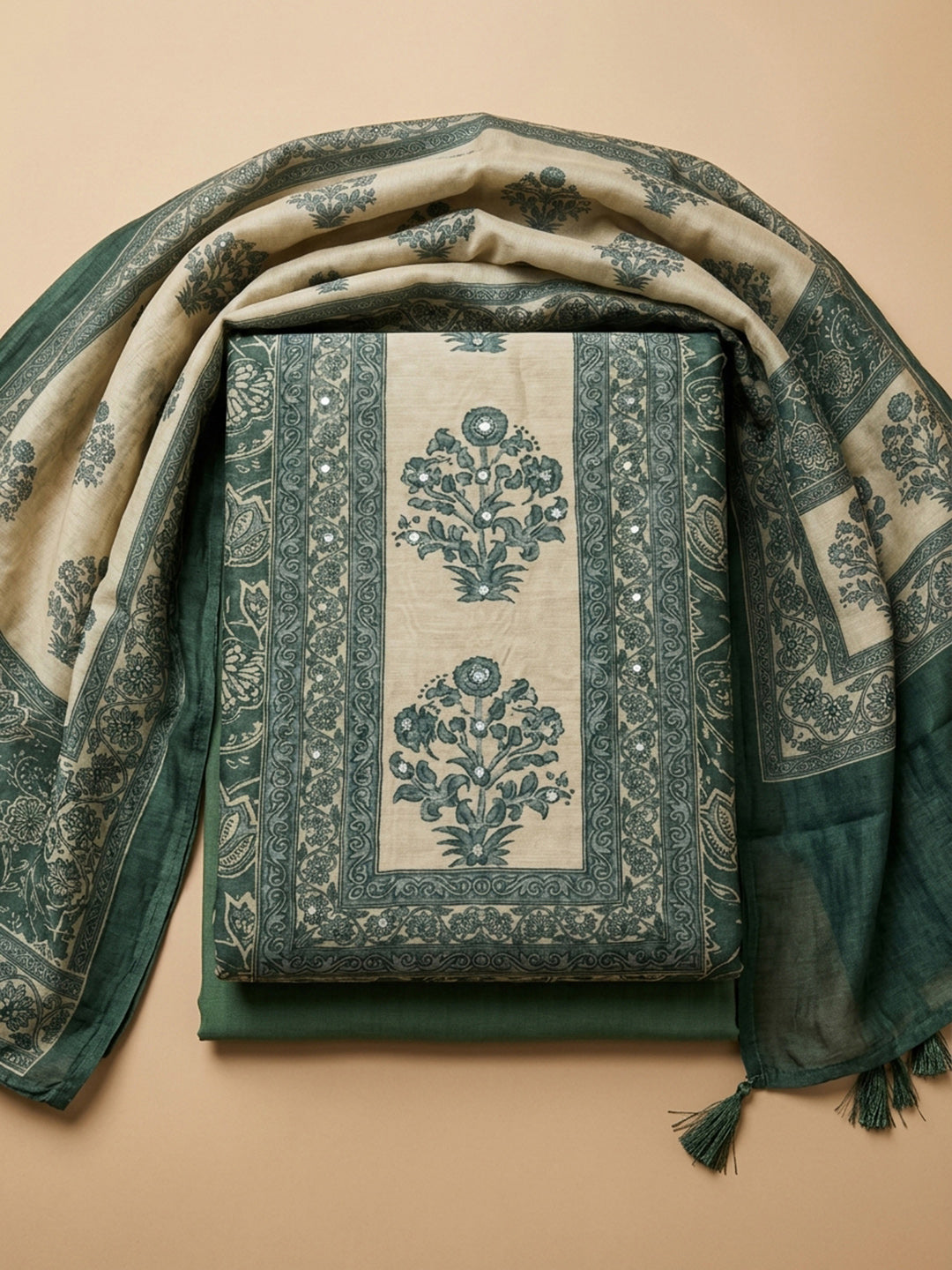 Green Printed Linen Blend Unstitched Dress Material