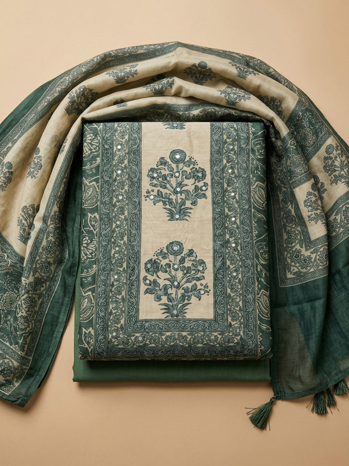 Green Printed Linen Blend Unstitched Dress Material