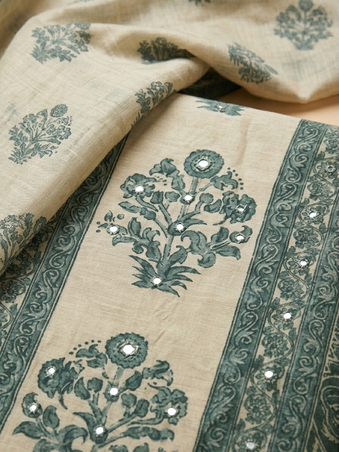 Grey Printed Linen Blend Unstitched Dress Material