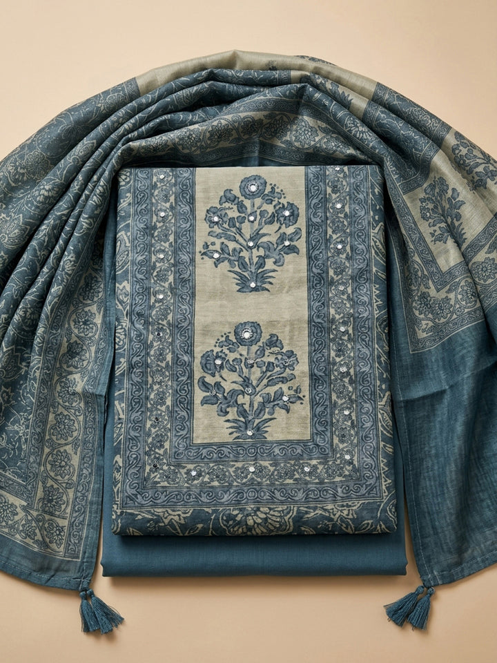 Grey Printed Linen Blend Unstitched Dress Material