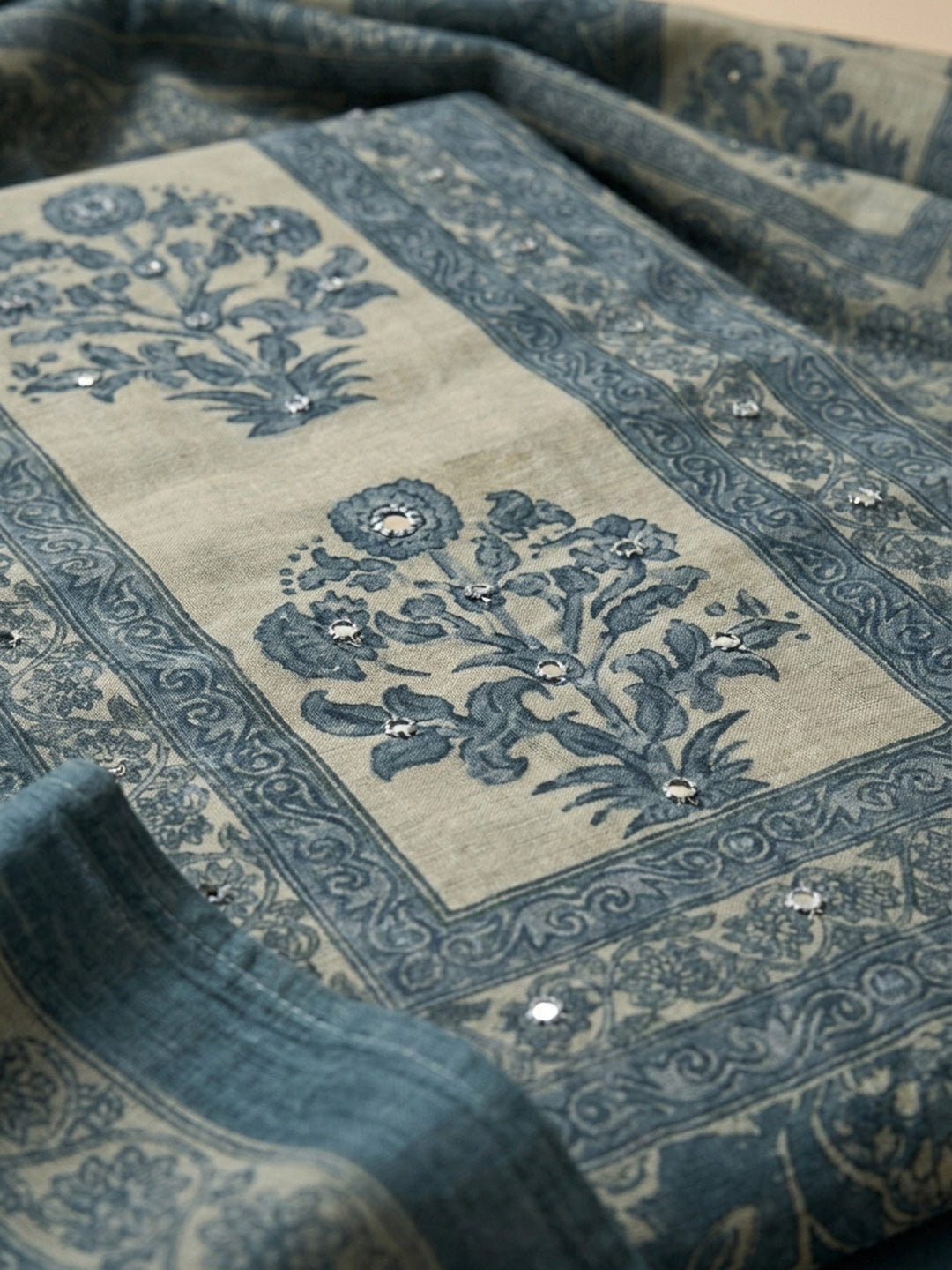 Grey Printed Linen Blend Unstitched Dress Material