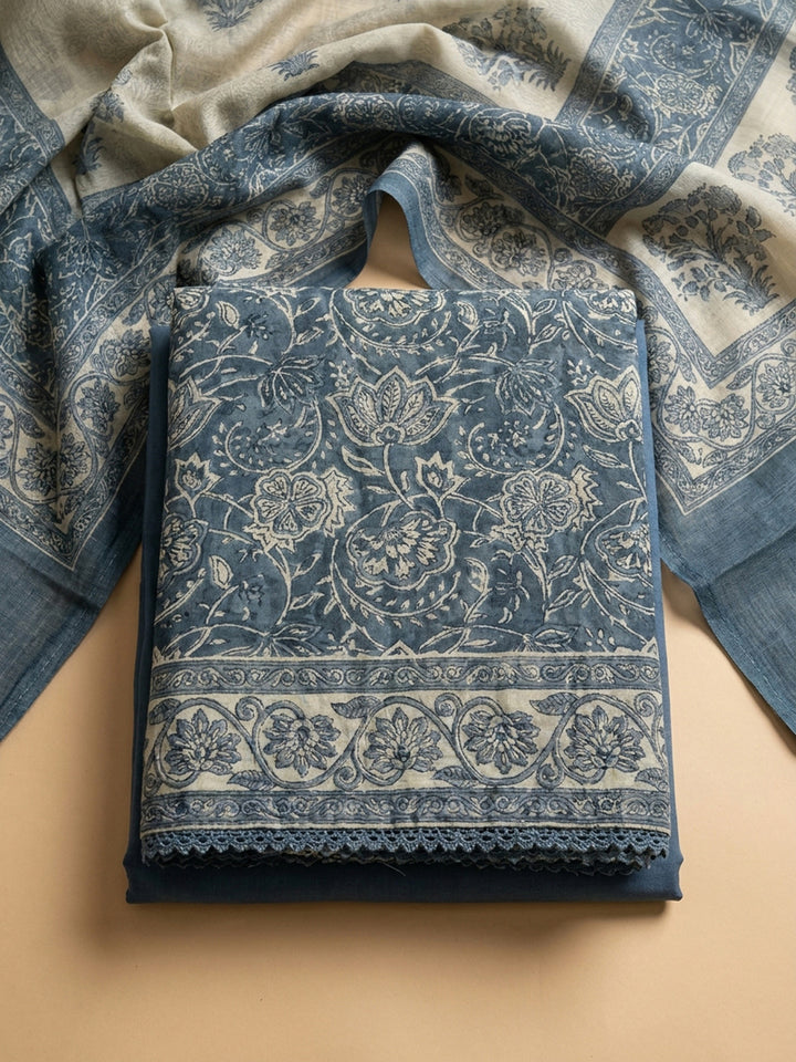 Grey Printed Linen Blend Unstitched Dress Material