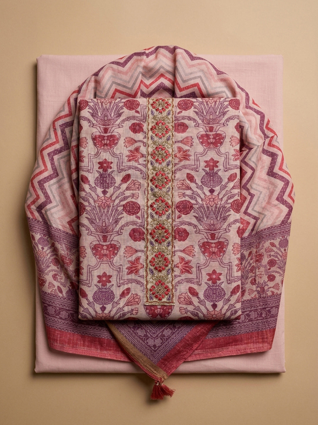 Onion Pink Embroidery Chanderi Unstitched Dress Material