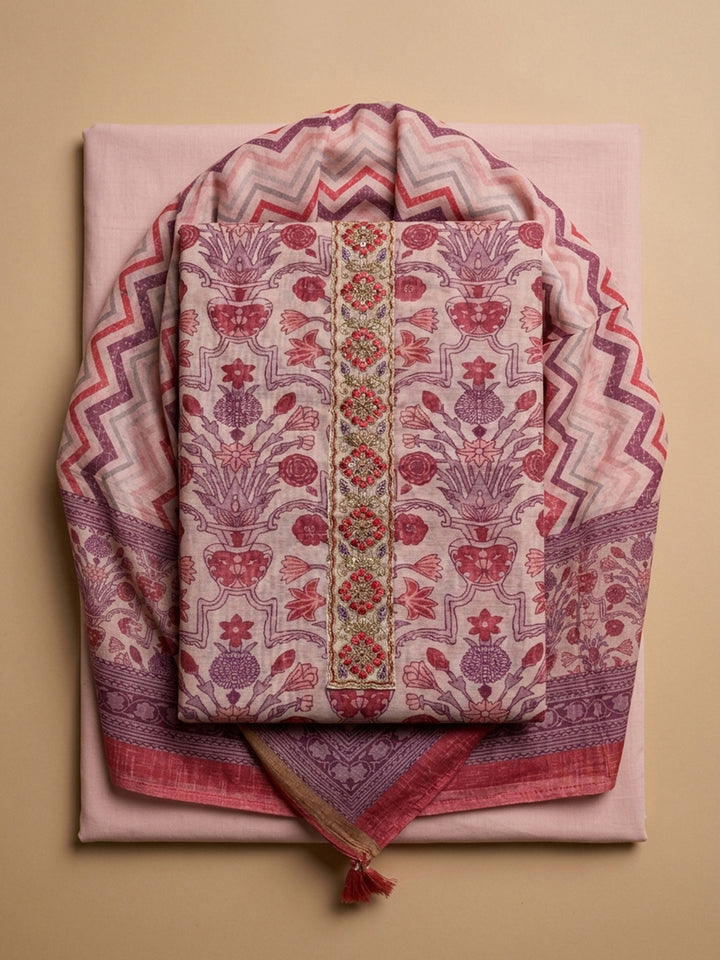 Onion Pink Embroidery Chanderi Unstitched Dress Material