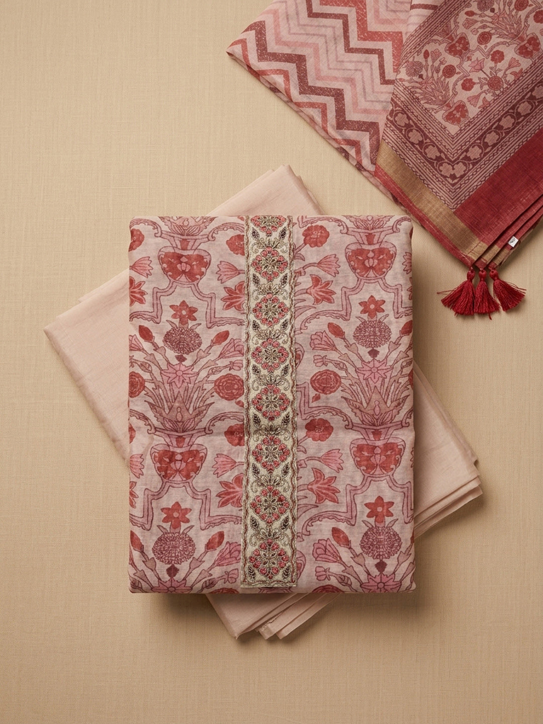 Peach Embroidery Chanderi Unstitched Dress Material