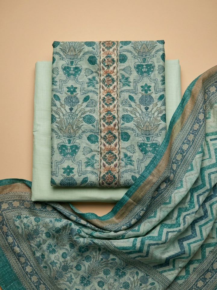 Pista Green Embroidery Chanderi Unstitched Dress Material