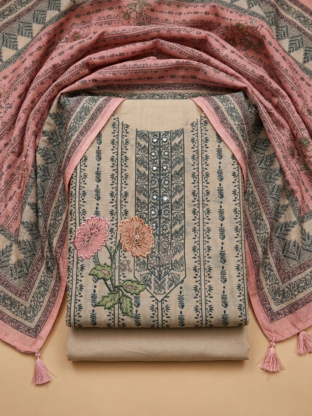 Peach Printed Chanderi Unstitched Dress Material