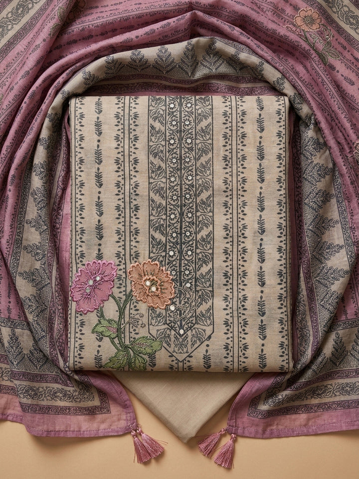 Pink Printed Chanderi Unstitched Dress Material