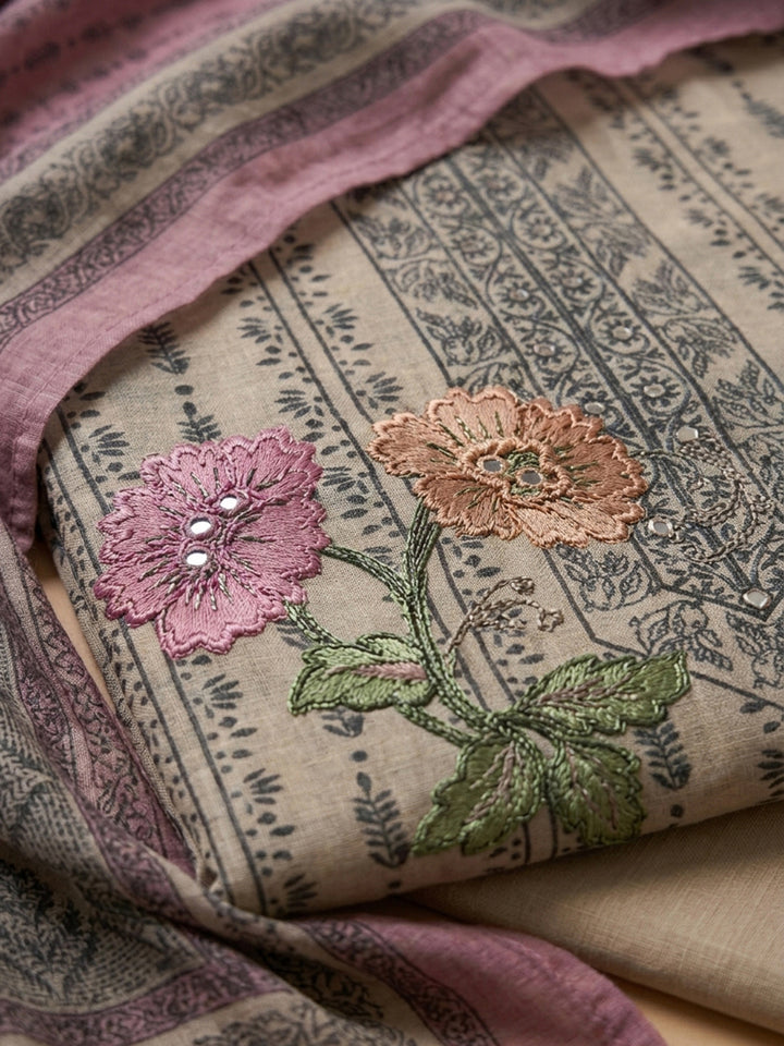 Pink Printed Chanderi Unstitched Dress Material