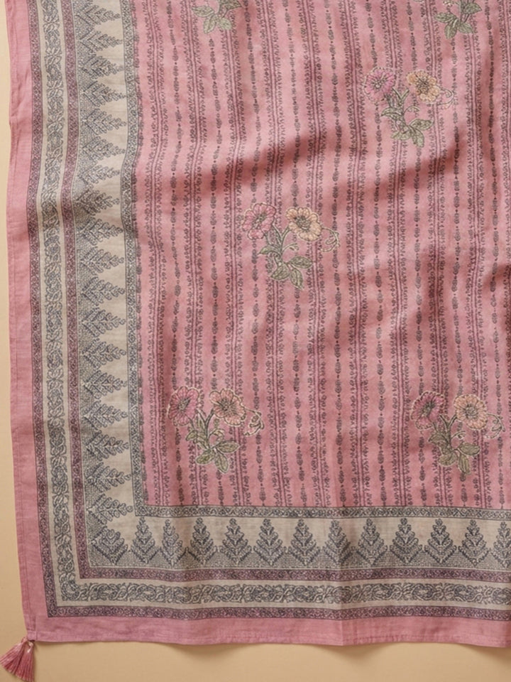 Pink Printed Chanderi Unstitched Dress Material