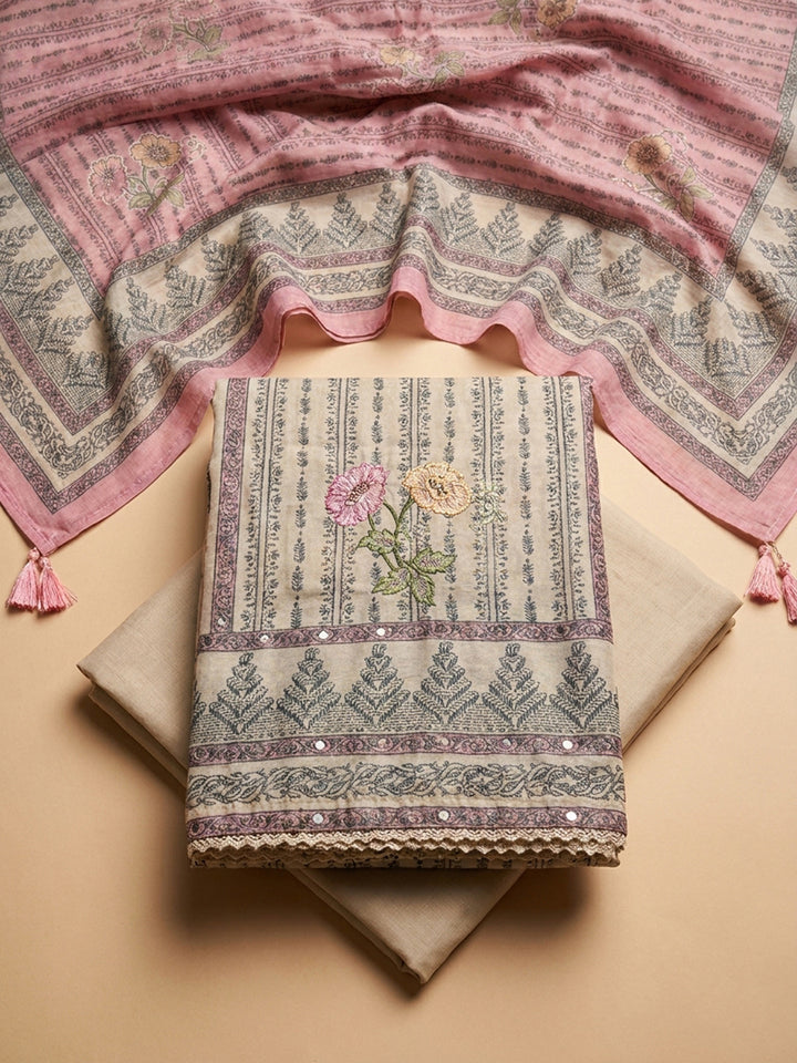 Pink Printed Chanderi Unstitched Dress Material