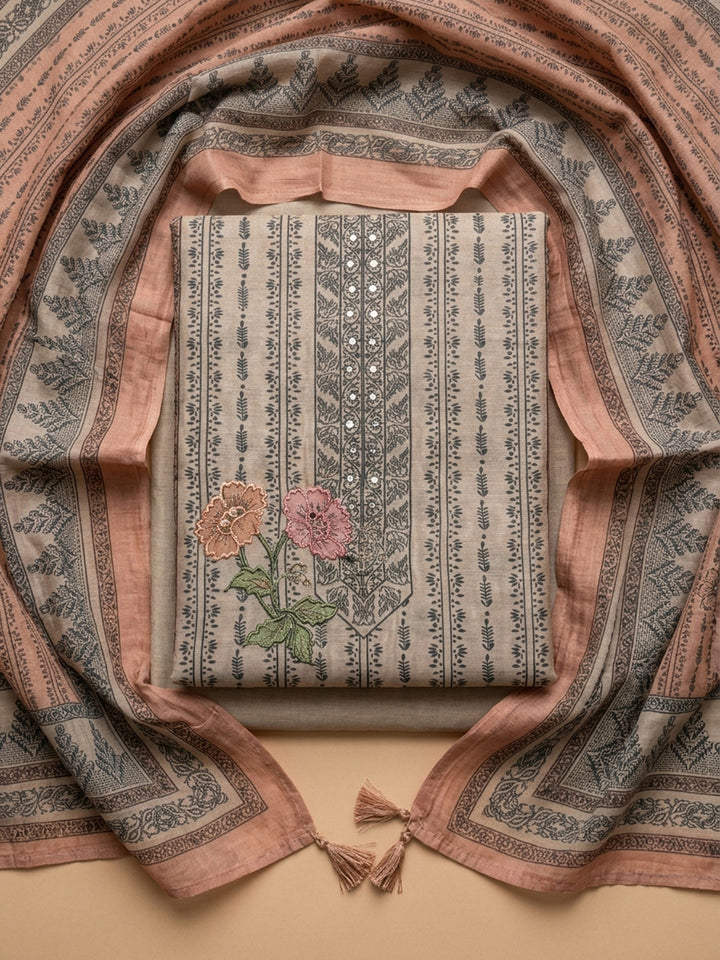 Rust Printed Chanderi Unstitched Dress Material