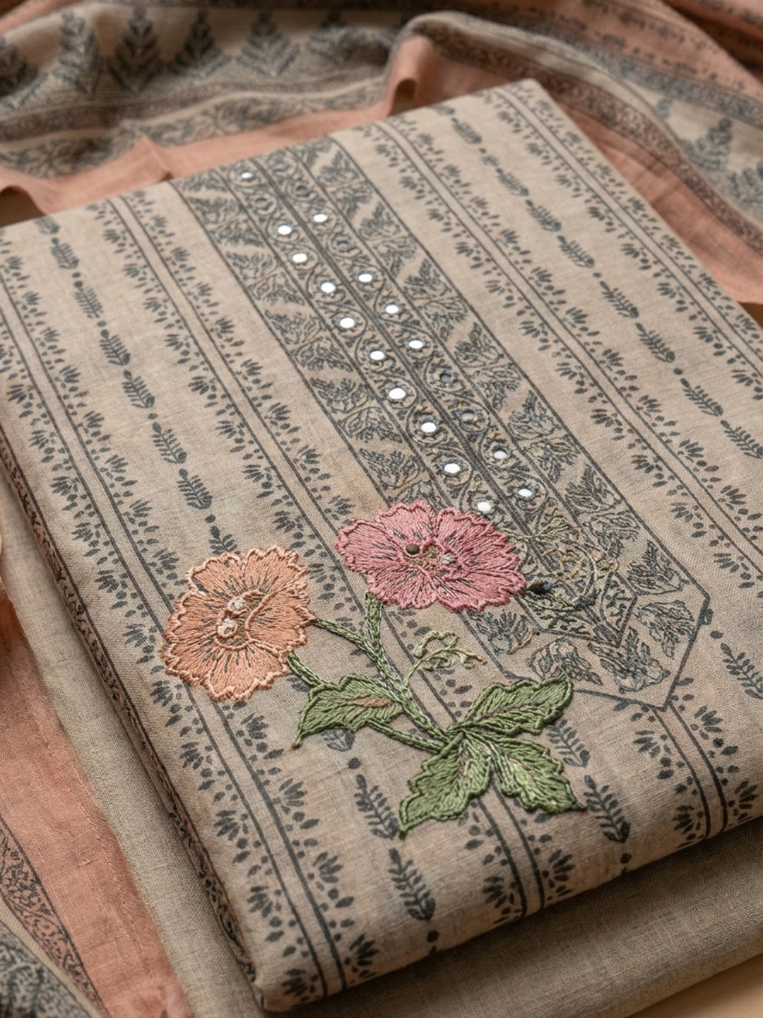 Rust Printed Chanderi Unstitched Dress Material