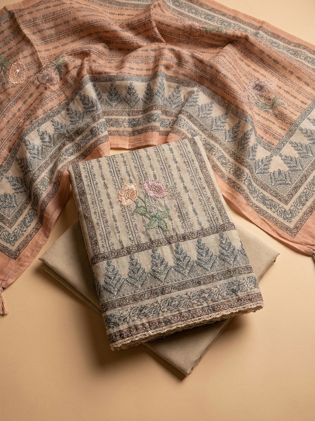Rust Printed Chanderi Unstitched Dress Material